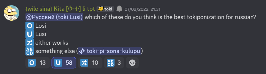 A poll by jan Kita: 'which of these do you think is the best tokiponization for russian'